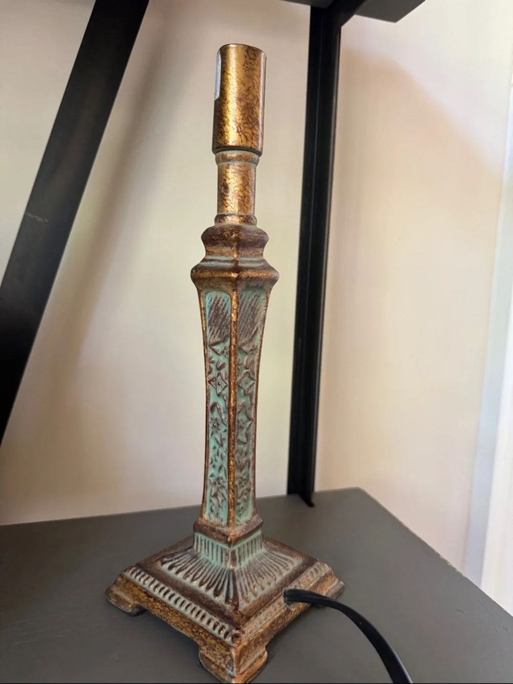 Vintage-Style Metal Table Lamp Base in Aged Turquoise and Gold